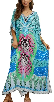 Produktbild von Solidchoice - Boho Mehrfarbiger Strandkleid für Damen in Grün und Blau