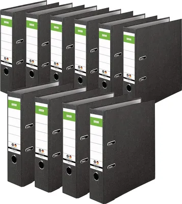 Produktbild von Original DINOR Ordner-Wolkenmarmor-Recycling -  Germany. 10er Pack 8 cm breit DIN A4 schwarz Aktenordner Briefordner Büroordner Pappordner Schlitzordner Grüner Balken Blauer Engel
