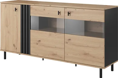Produktbild von Masseno Kommode MADDALENA 165 cm Sideboard und 3 Türen für Wohnzimmer Schlafzimmer Modern 165x40x83 cm Anthrazit / Eiche Artisan