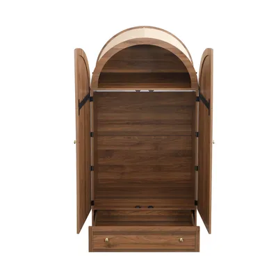 Produktbild von STILVORA Kleiderschrank mit Stofftüren&Schublade,Garderobe aus Walnussoptik mit stabile Holzfüße,Stauraumschrank für Kleidung&Accessoires
