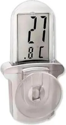 A digital thermometer with a suction cup mount.