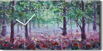 Produktbild von Küche Wohnzimmer Wand Leinwand Uhr 60x30 Malerei Wald Bäume Blumen Mohnblumen - weiße Hände