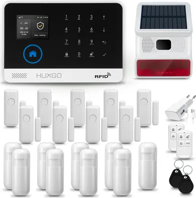 Produktbild von HUXGO HXA003 Alarmanlage Haus WiFi + GSM 4G mit Funk Sirene, Alarm System mit 9x Bewegungssensor und 9x Tür- Fenstersensor, Alarmanlage für Wohnung, Haus, Büro, Tuya Smartlife App