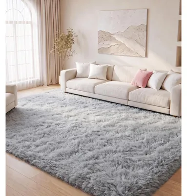 Image de Tapis pour salon, gris clair, 120x160 cm, à poils longs, doux, rectangulaire
