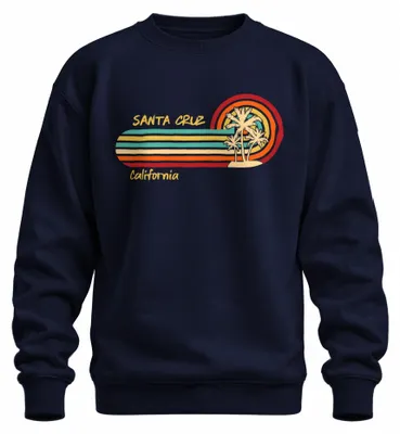 Imagen del producto de Sudadera uni con cuello redondo, estilo retro, con motivos de Santa Cruz, California, palmeras, atardecer y surfistas. Color azul marino, talla L