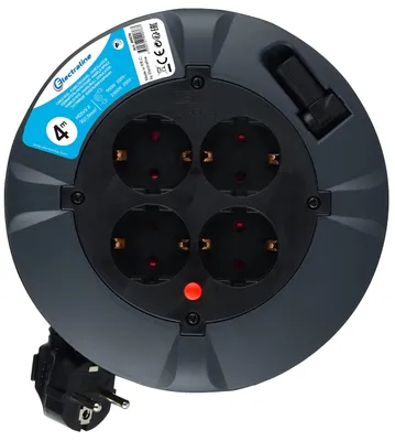 Zdjęcie produktu dla Electraline 49076 Bęben kablowy, 4-gniazdkowy, kabel o długości 4 m, do użytku wewnątrz, z 4 gniazdkami z uziemieniem, czarny