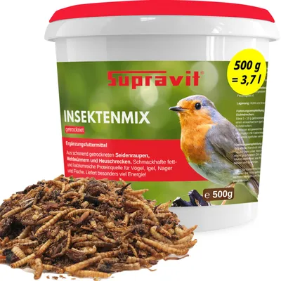 Produktbild von Supravit Vogelfutter getrocknete Insekten Mix 500g | Insektenfutter für Vögel mit Mehlwürmer getrocknet, Seidenraupen, Heuschrecken