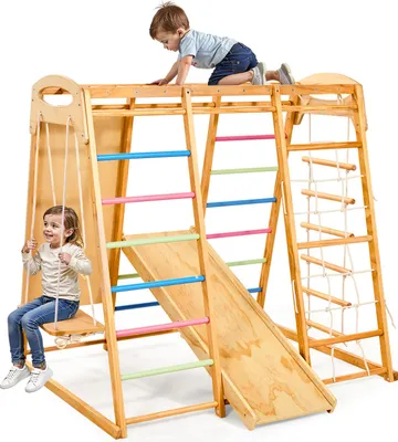 Produktbild von VEVOR Indoor Spielplatz Klettergerüst (7 in 1) aus Holz, 113 kg belastbares Montessori-Kletterspielzeug-Set mit Schaukel/Klettergerüst/Rutsche/Holzleiter/Strickleiter/Kletternetz/Fels