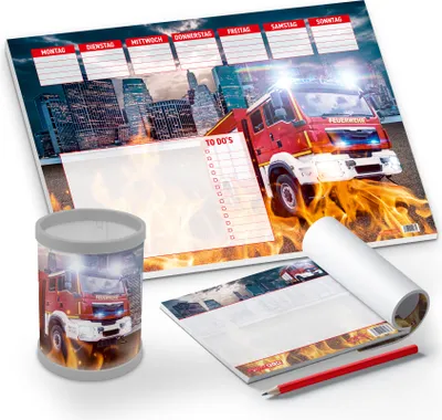 Produktbild von itenga Schreibtisch-Set Feuerwehr 3-teilig Schreibtischunterlage Stifteköcher Notizblock