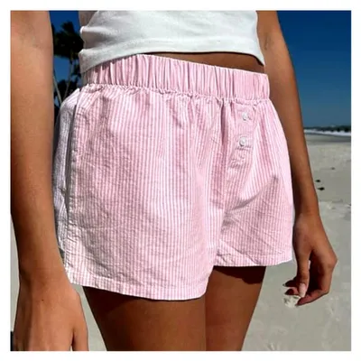 Produktbild von Sportliche Shorts für Damen, Outdoor Kurze Hose, Laufshorts Leicht und Elastisch, Hochtaillierte Sommerhose, Elegante Gestreifte Leinenhose, Weite Laufhose, Lässig und Locker
