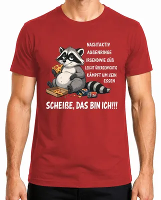 Imagen del producto de Camiseta para hombre, color rojo, talla L. Diseño: "¡Mierda! Soy un mapache. Pizza. Declaración. Sarcasmo. Comida rápida."