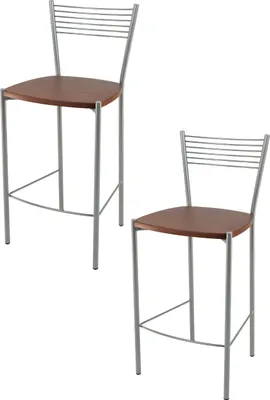 Produktbild von t m c s Tommychairs - 2er Set moderne Barhocker ELEGANCE für Küche und Esszimmer, robustes Gestell aus lackiertem Stahl, Farbe Aluminium, Sitzfläche aus Holz im Farbton Kirschholz lackiert