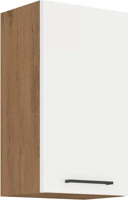 A single kitchen wall cabinet with a white front and a wood-grain side.