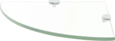 A corner glass shelf with chrome brackets against a white background.