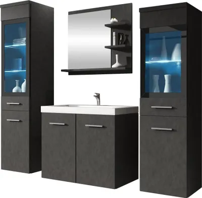 Produktbild von MIRJAN24 Badmöbel-Set Madrit I, Badezimmer-Set mit Spiegel und Waschbecken (Farbe: Matera, mit Siphon, mit RGB Beleuchtung)