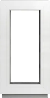 A white framed window with a dark gray bottom sill, isolated on a white background.