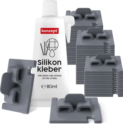 Produktbild von Konzept 11 - Klebehaken Draußen mit Montagekleber Extra Stark 80ml, Balkonnetz für Katzen, Fixierung für Katzennetz ohne Bohren, 50 Stück, Grau