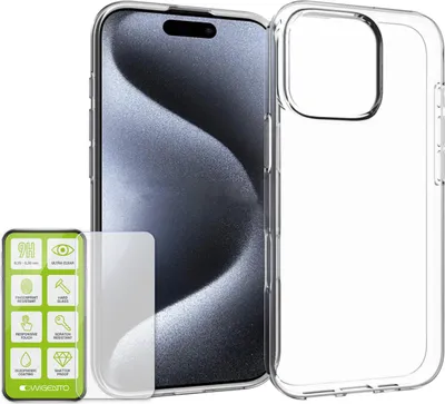 A clear phone case and screen protector are displayed next to an iPhone.
