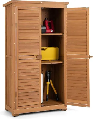 Imagen del producto de Armario de jardín de madera, cobertizo resistente a la intemperie, caseta de herramientas con 3 estantes extraíbles