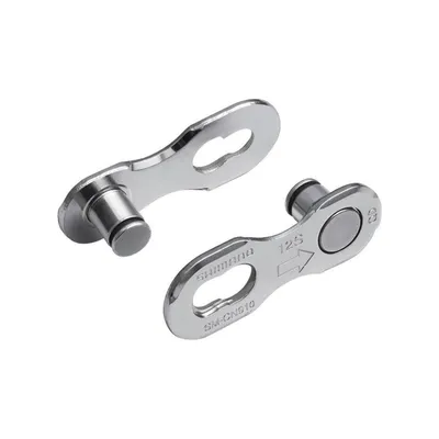 Two silver bicycle chain connectors on a white background.