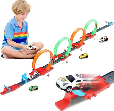 Produktbild von MODFU Spielfahrzeuge, Rennbahn mit Raketenstart, Hochgeschwindigkeits Metallauto für Kinder, Drehbare Rennstrecke, Spannende Action für Jungen, Perfekt für Spaß und Geschwindigkeit
