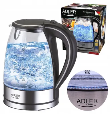Zdjęcie produktu dla Adler | Czajnik | Ad 1225 | Standard | 2000 W | 1,7 L | Szkło | Obrotowa Podstawa 360° | Przezroczysty / Stal Nierdzewna