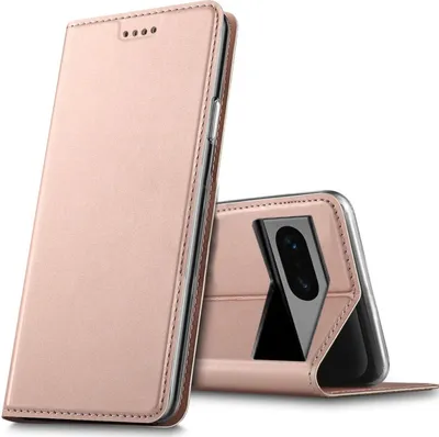 A rose gold flip case for a smartphone is shown, with the phone partially inserted and its camera visible.
