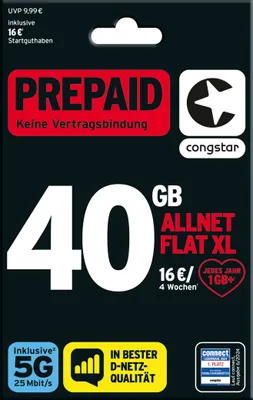 Produktbild von congstar Prepaid Allnet XL: 40 GB Datenvolumen & Flatrate für Telefonie und SMS, 5G-Speed, EU-Roaming
