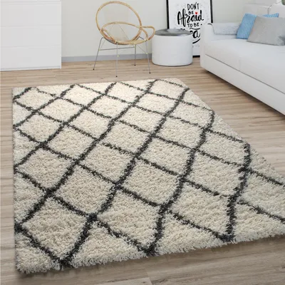 Produktbild von Hochflor Teppich Wohnzimmer Shaggy Langflor Modernes Boho Skandi Rauten Muster Grösse 60x100 cm