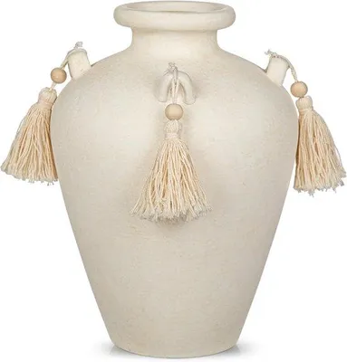 Produktbild von Famanu Keramische Vase Beige mit Quasten - 24 cm hohe Vase für Blumen - rustikale crèmefarbene Deko - Boho-Stil