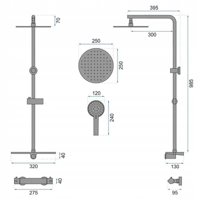 Technical drawing with dimensions of a shower set.