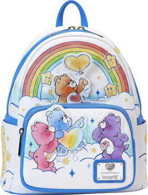 A white backpack with a colorful rainbow and Care Bears characters printed on it.