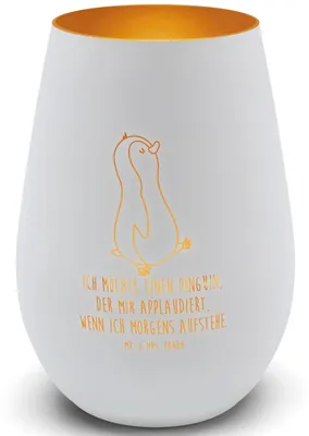 Produktbild von Mr. & Mrs. Panda Kerzenhalter Pinguin marschieren - Weiß - Geschenk, Familie, Teelichthalter, Bruder, Schwester, Pinguine, Laterne, Windlicht Glas, Aufstehen, Kerzenglas