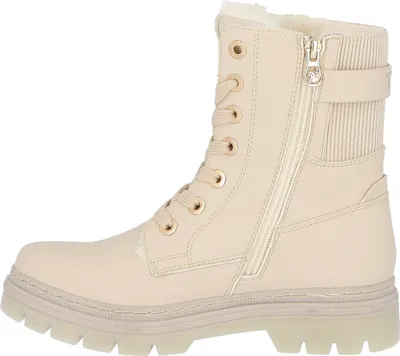 A side view of a beige boot.