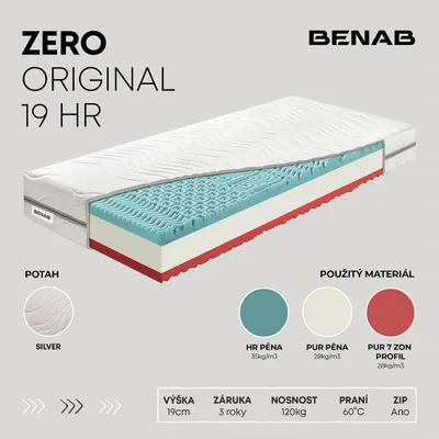 Obrázek produktu pro Pěnová matrace Benab Zero Original 19 HR Matrace 160 x 200 cm H3 / H4 tvrdost 19 cm výška Pěnové matrace, Silver, PUR, HR, Nopy, 7 zón