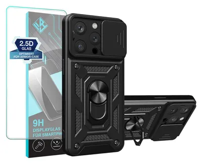Produktbild von Armor Handyhülle für Apple iPhone 16 Pro mit 9H Displayglas Displayschutz Kameraschutz Handy Panzer Case Cover Schutzhülle Outdoor Farbe: Schwarz