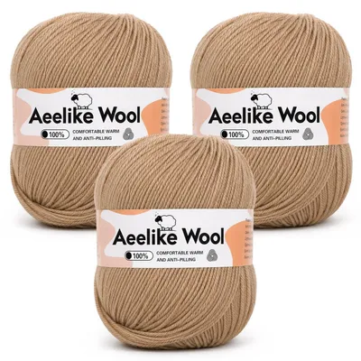 Productafbeelding van Merinowol voor breien, garen van schapenwol, lichtbeige, set van 3, 100 gram per bol, 210 meter