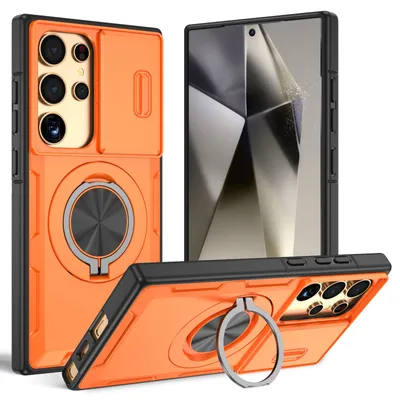 Produktbild von Magnetische Hülle für Samsung Galaxy S24 Ultra, Militär Stoßfest Handyhülle mit Kameraschutz und Ringhalter Ständer Orange