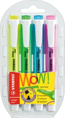 Obrázek produktu pro Zvýrazňovač - STABILO swing cool - balení 4 ks - žlutá, zelená, modrá, růžová