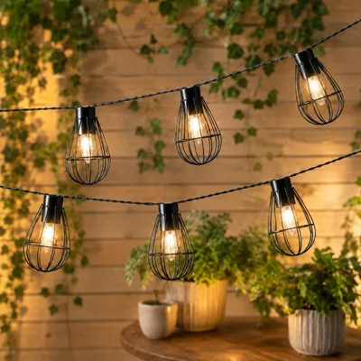 Produktbild von LED Solar Lichterkette INDUSTRIAL - 8 Gitterlampen mit warmweißer LED - L: 1,5m - schwarz