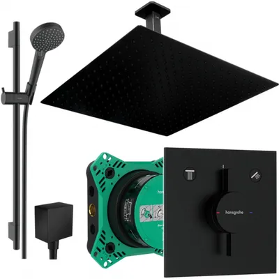 Produktbild von Hansgrohe und Jowi Unterputz Duschsystem Schwarz, mit 650mm Brausestange, 360mm Kopfbrause, Duscharmatur DuoTurn E, Deckenanschluss