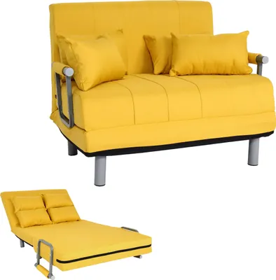 A yellow sofa bed is shown in two configurations: as a sofa and as a bed. The sofa has two pillows on it, and the bed configuration shows four pillows.