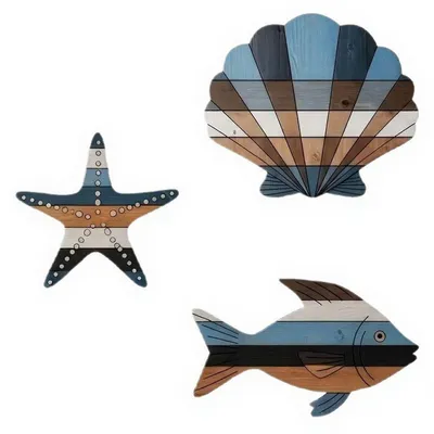 Produktbild von 3-teiliges Wanddeko-Set aus Holz: Fische, Muscheln, Seesterne – rustikale maritime Wanddekoration im Seehaus-Stil, Hängeskulptur mit Meeres- und Küstenmotiv für Badezimmer und Schlafzimmer