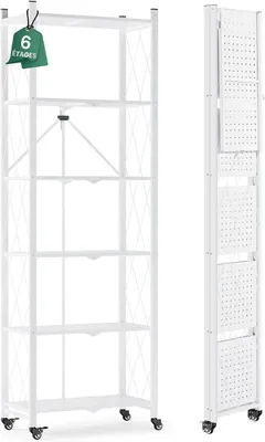 Produktbild von Klappregal mit Rädern - Standregal mit 6 Ablagen, Bücherregal aus Metall - Montagefrei & Stabil - Für Küche, Wohnzimmer, Keller, Büro - Weiß