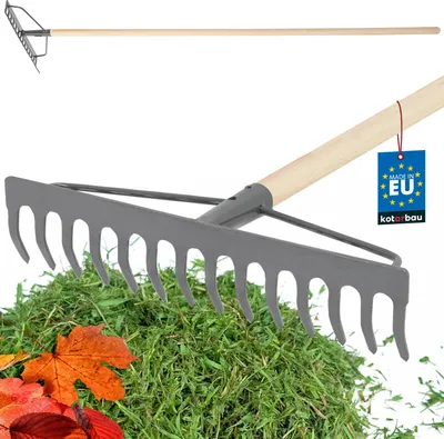 Produktbild von KOTARBAU® Laubrechen 36 cm Metall Rechen für Gras & Laub mit Holzstiel Gartenrechen Rasenrechen mit 14 Zinken Metall Grau + Naturfarben