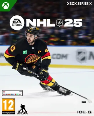 A hockey player in action on the ice, with game title and platform information.