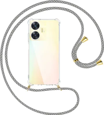 Produktbild von Handykette Backcover-Schutzhülle mit Band (Metall goldfarben) für Realme C55 (6.72'') - weiß/grau kariert