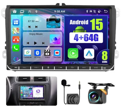 Obrázek produktu pro Android autorádio s 8jádrovým procesorem, 4 GB RAM a 64 GB úložiště, 9palcový dotykový displej, bezdrátové připojení Carplay