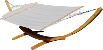 Produktbild von ALEOS. AS-S 410cm XXL Hängemattengestell NATUR-FILLED EDITION CREME Hängematte mit Gestell aus Holz Lärche mit Stabhängematte (GEPOLSTERT) inkl. Kopfkissen