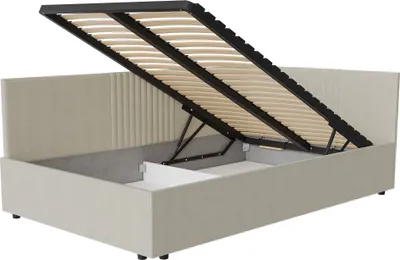 A bed frame with the mattress support lifted to reveal storage space underneath.